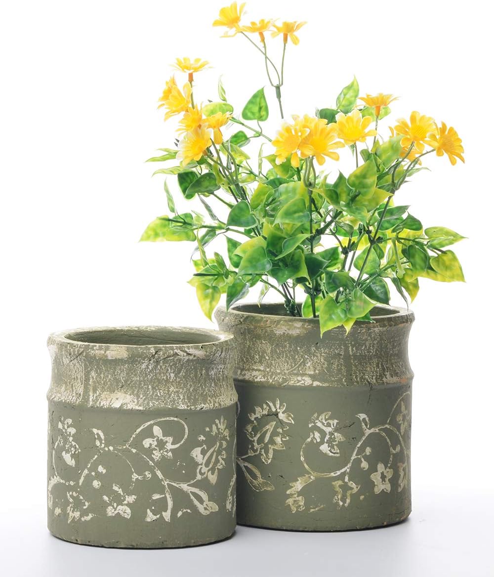 Rustic Ceramic Flower Pot Garden Planters Pack 2 Indoor Outdoor Vintage Plant Containers (6''+7'', Green Leaves)