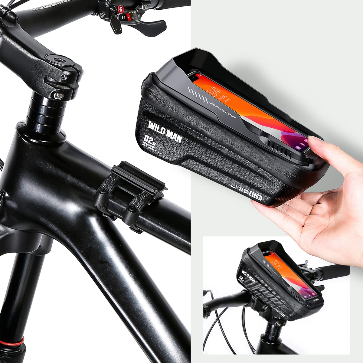Bike Frame Bag, Bike Handlebar Bag, Waterproof Cycling Front Top Tube Pouch Pannier Bicycle Phone Mount Holder Cycle Crossbar Storage Bags for iPhone 16 15 14 13 12 11 Pro Max Smartphone Below 6.9''