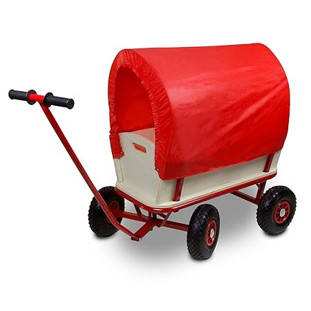 Bollerwagen aus Holz mit Dach, Luftreifen und Stahl-Gestell :: Transportwagen belastbar bis 100 kg