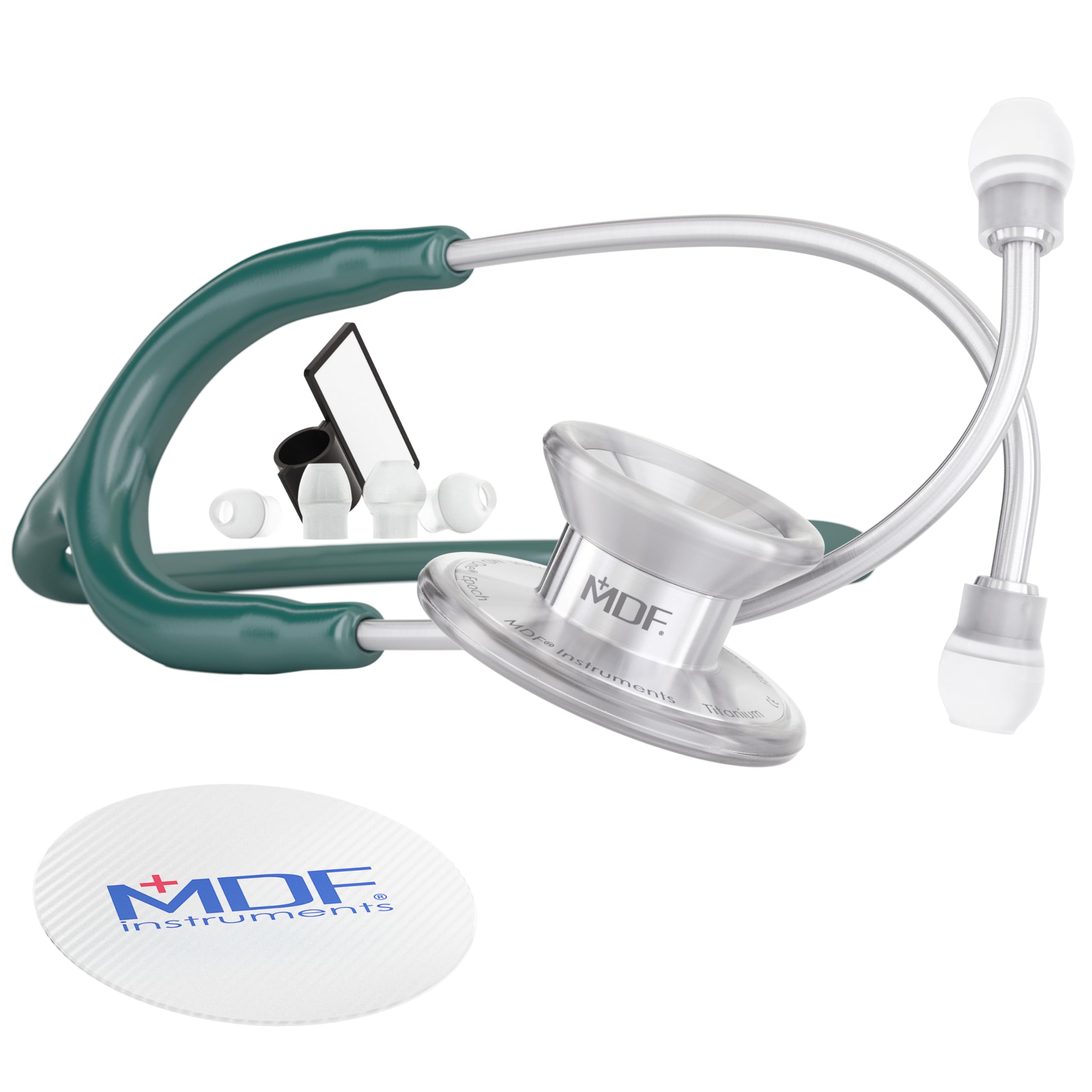 MDF Instruments, MD One Epoch Lightweight Titanium Stethoscope, Adult, Emerald Green Tube, Silver Chestpiece-Headset, MDF777T21