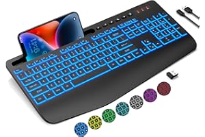 Trueque Wireless Keyboard with 7 Colored Backlits, Wrist Rest, Phone Holder, Rechargeable Ergonomic Keyboard with Silent Light Up Keys, Cordless Computer Keyboard for Windows, Mac, Laptop