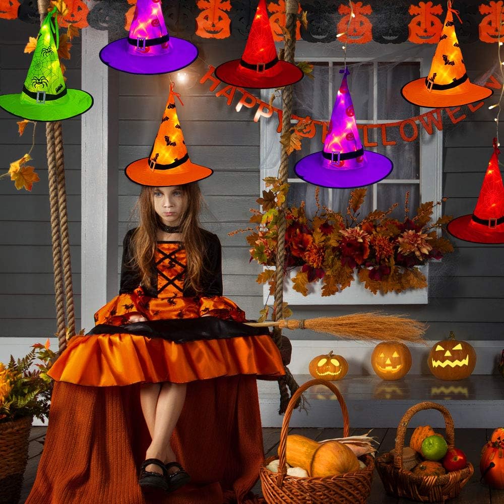 MZD8391 Halloween Decorations Lighted Witch Hats, 8Pcs Hanging Glowing Witch Hats 44ft Halloween Outdoor Lights String with 8 Lighting Modes for Outdoor, Garden, Yard, Tree: Home Improvement