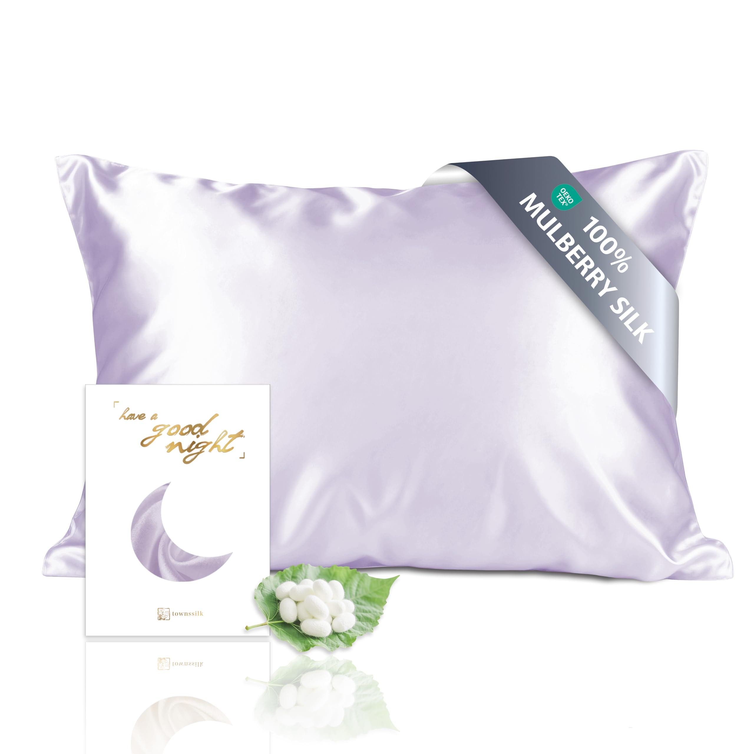 Townssilk Mulberry Pure Silk Pillowcase 19 mm, Both Sides, for Hair and Skin, Health, Hidden Zipper, 600 Thread Count, 1 Unit, 40 x 80 cm