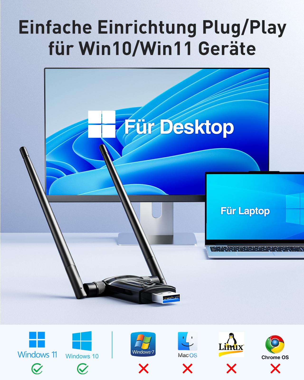USB WLAN Stick Adapter für PC - Nineplus AX1800, Dualband 5GHz/2,4GHz WiFi 6 Stick mit WLAN Antennes, integrierter Treiber, USB 3.0 WiFi Dongle Adapter PC kompatibel mit Windows 11/10 6