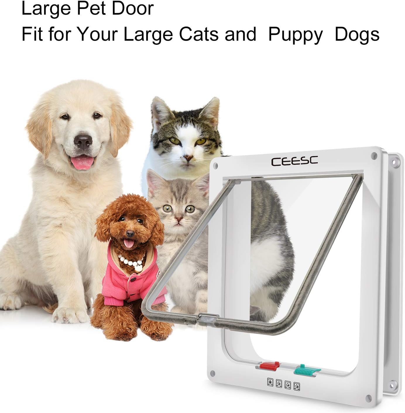 CEESC Extra Large Cat Door (Outer Size 11" x 9.8"), 4 Way Locking Large Cat Door for Interior Exterior Doors, Weatherproof Pet Door for Cats & Doggie with Circumference < 24.8" (White) : Pet Supplies
