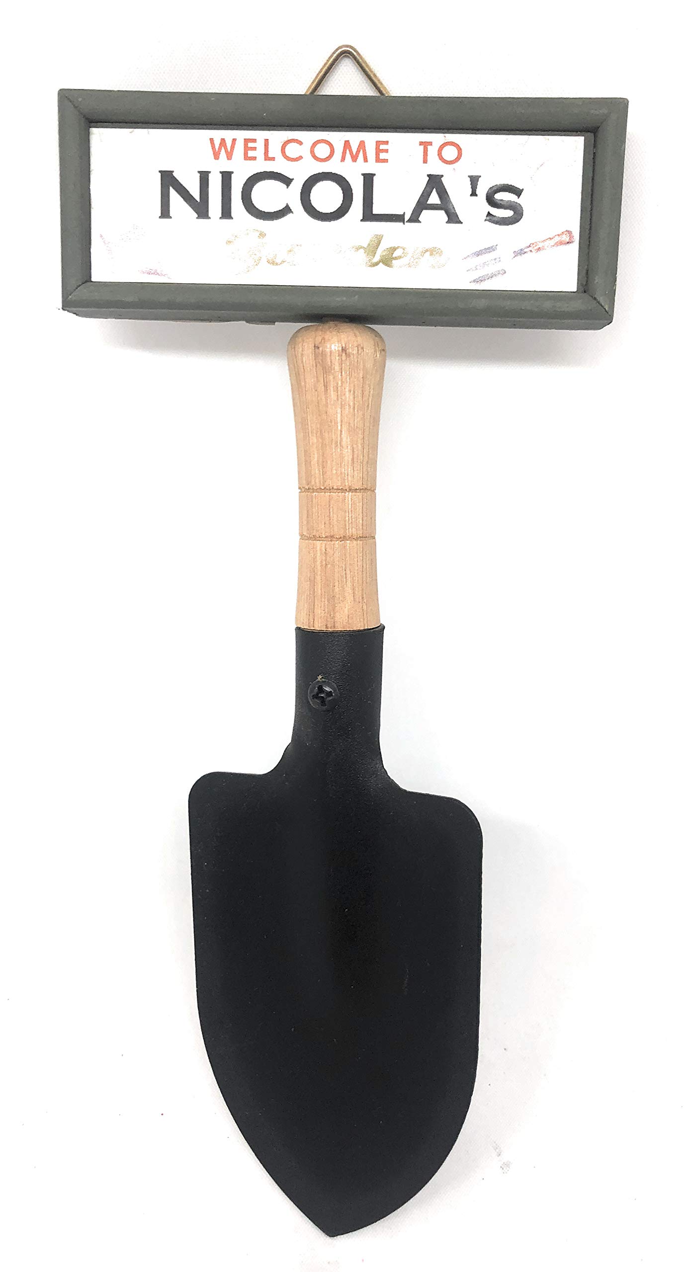 "Welcome to Nicola's garden" hanging shovel sign