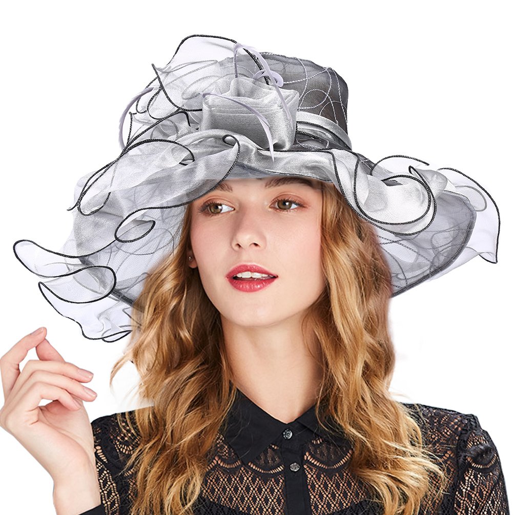 Vbiger Women\'s Summer Kentucky Derby Hat Large Brim Sun Hats Ascot Race Derby Hat for Cocktail Tea Party Wedding (Grey 2)
