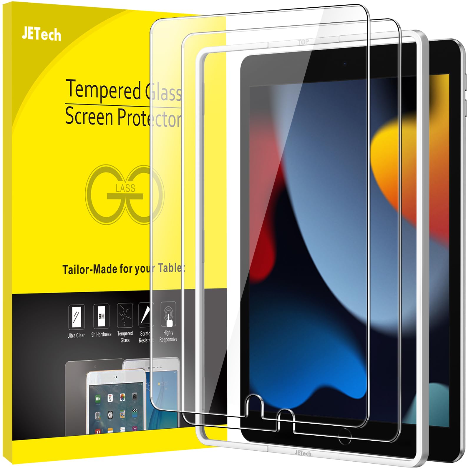 JETech Screen Protector for iPad (10.2-Inch, 2021/2020/2019 Model, 9/8/7 Generation) with Easy Installation Frame, Tempered Glass Film, HD Clear, 2-Pack — image 1