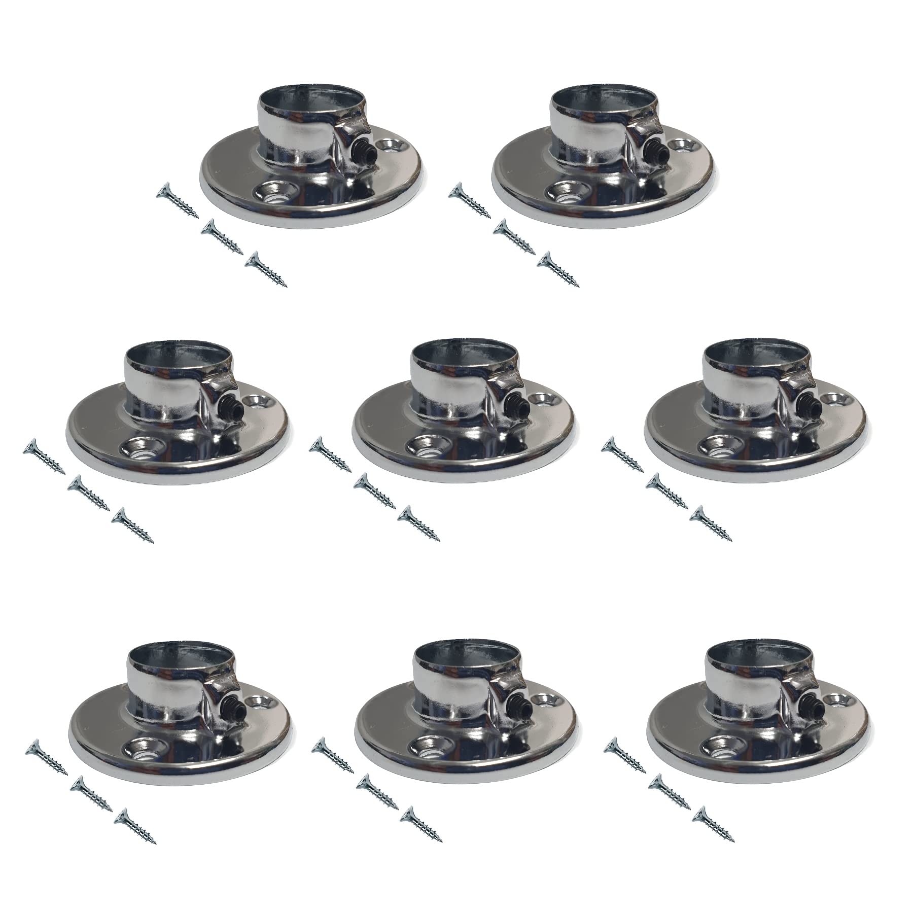 TERF® Polished Chrome Curtain Wardrobe Rod Pole Socket with Holding Screw for Up to 25mm Diameter Curtain Rail Wall Mount Rod Pole Holder Closet Lever Rail Socket with Fixing - Pack of 8