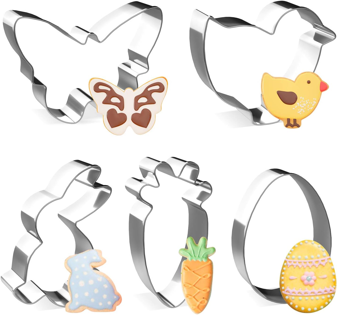 LEEFE 5pcs Easter Cookie Cutters Set, Metal Biscuit Molds for Baking Chick, Rabbit, Carrot, Butterfly, Egg Shapes for Party Treat Decoration