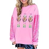 KMBANGI Women Cute Santa Sweatshirt Christmas Sparkly Sequin Print Shirt Crewneck Long Sleeve Pullover Sweatshirts Tops