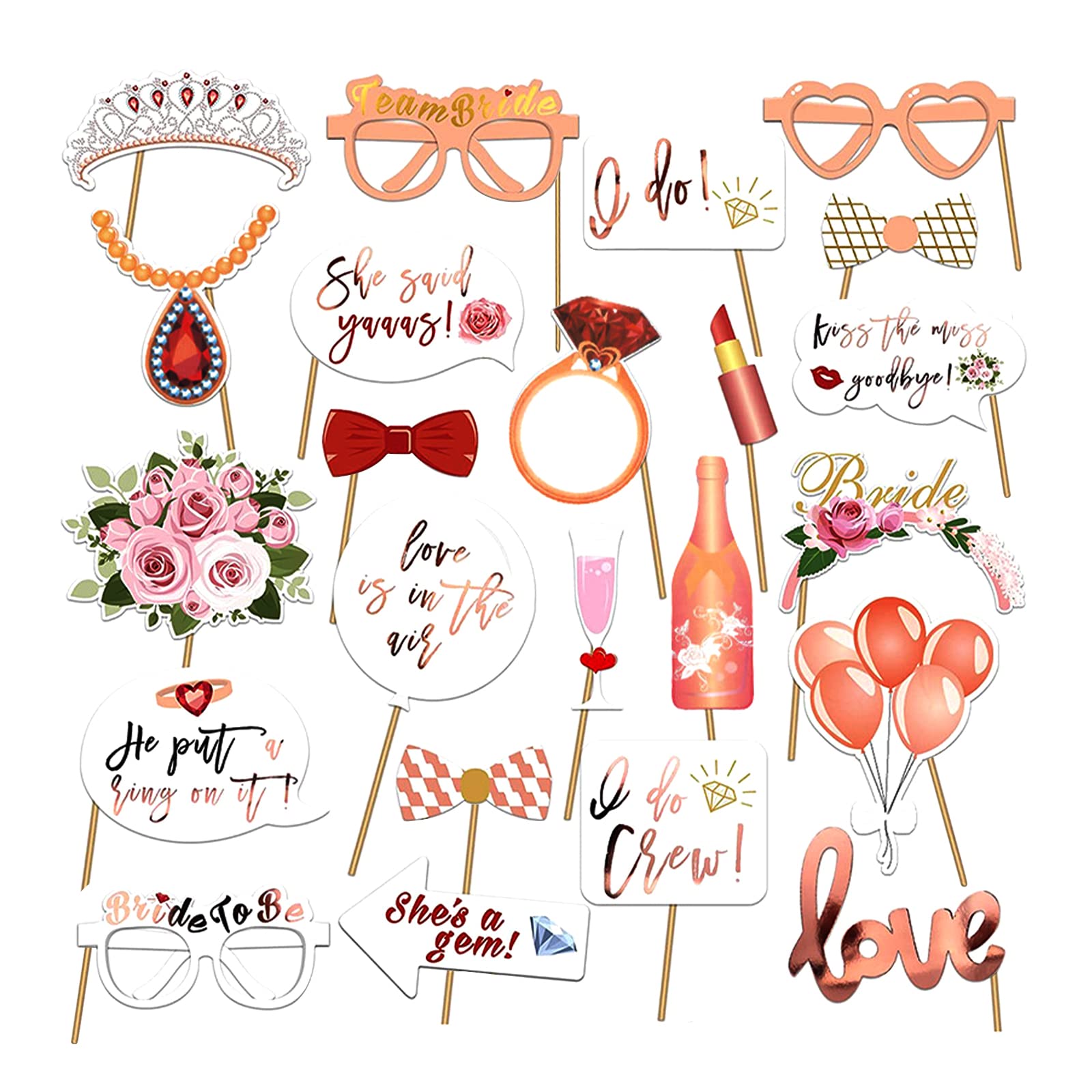 Andiker 23 PCS Photo Booth Props Wedding, Funny Rose Glod Engagement Photo Booth Accessories with Wooden Stick, Hen Night Photo Selfie for Bridal, Party Favour, Valentine
