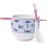 Silver Buffalo Lilo and Stitch Scrump Waves Japanese Pattern Ceramic Ramen Noodle Rice Bowl with Chopsticks and Spoon, Microwave Safe, 20 Ounces