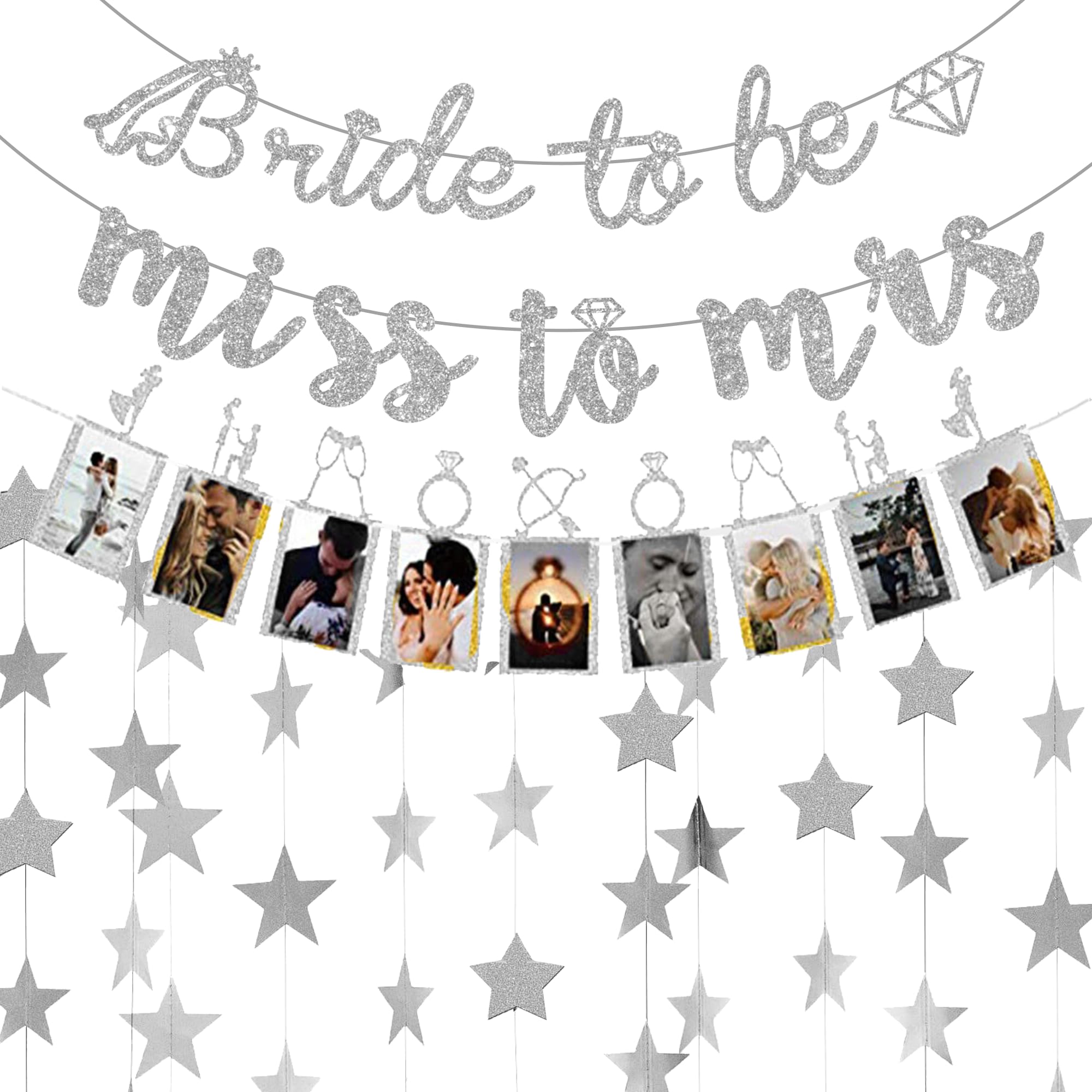 Wylario Bride To Be Decorations - Silver Miss To Mrs Glitter Bunting Photo Banner, 4 Meter Long Reflective Star Paper Garland, Engagement Wedding Bachelorette Bridal Shower Hen Do Party