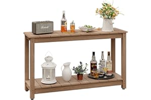 LAHAAP Outdoor Console Table, 48" Weather Resistant HIPS Patio Side Table, 440LBS Weight Capacity, 2-Tier Multifunctional Buffet Bar Storage Organizer for Garden Deck, Teak