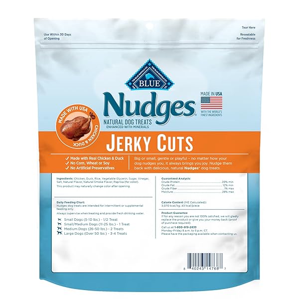 BLUE BUFFALO NUDGES JERKY CUTS DOG TREATS, MADE IN THE USA WITH NATURAL INGREDIENTS, CHICKEN & DUCK, 16-OZ BAG