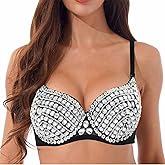 Woeoe Rhinestone Corset Bustier Crop Top Bra Nightclub Rave Diamond Tops Jewelry for Women (US, Alpha, Medium, Regular, Regular, Black, Diamond)