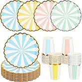 CHENGU Disposable Plates for Party Disposable Dinnerware Set Include 7 Inch Paper pastel Dessert Plates and 12 oz Cups for Birthday Party Supplies Baby Shower Wedding (Stripe Style,80 Pcs)