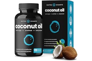 NutraChamps Organic Coconut Oil Capsules 2000mg - 120 Softgels Extra Virgin, Unrefined, Cold Pressed, Unfiltered 1000mg Pills Rich in MCT & MCFA for Hair, Skin, Nails, Heart, Brain Health