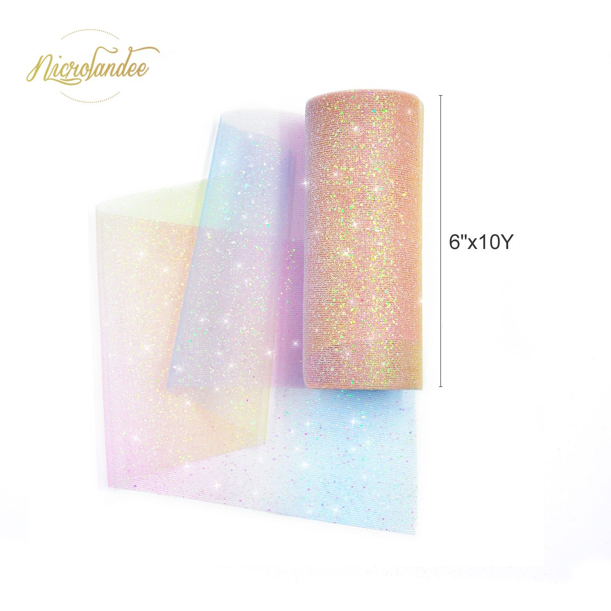 NICROLANDEE Rainbow Glitter Tulle Rolls 6 inch x 10 Yards Shimmer Color for Table Runner Chair Sash Bow Pet Tutu Skirt Sewing Crafting Fabric Birthday Baby Shower Wedding Christmas Gift Ribbon