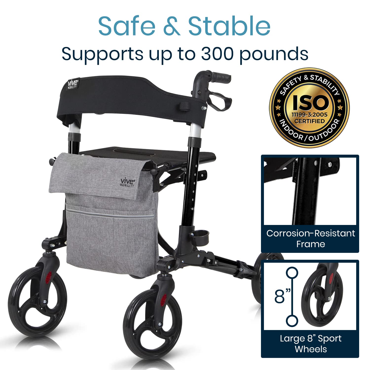 Vive Mobility Rollator Walker with Seat (Euro Style) - Heavy Duty, Medical, Large Wheels, Brakes - for Seniors, Adults - 4 Wheeled Rolling Lightweight Premium Folding Scooter Aid for Women (Black)