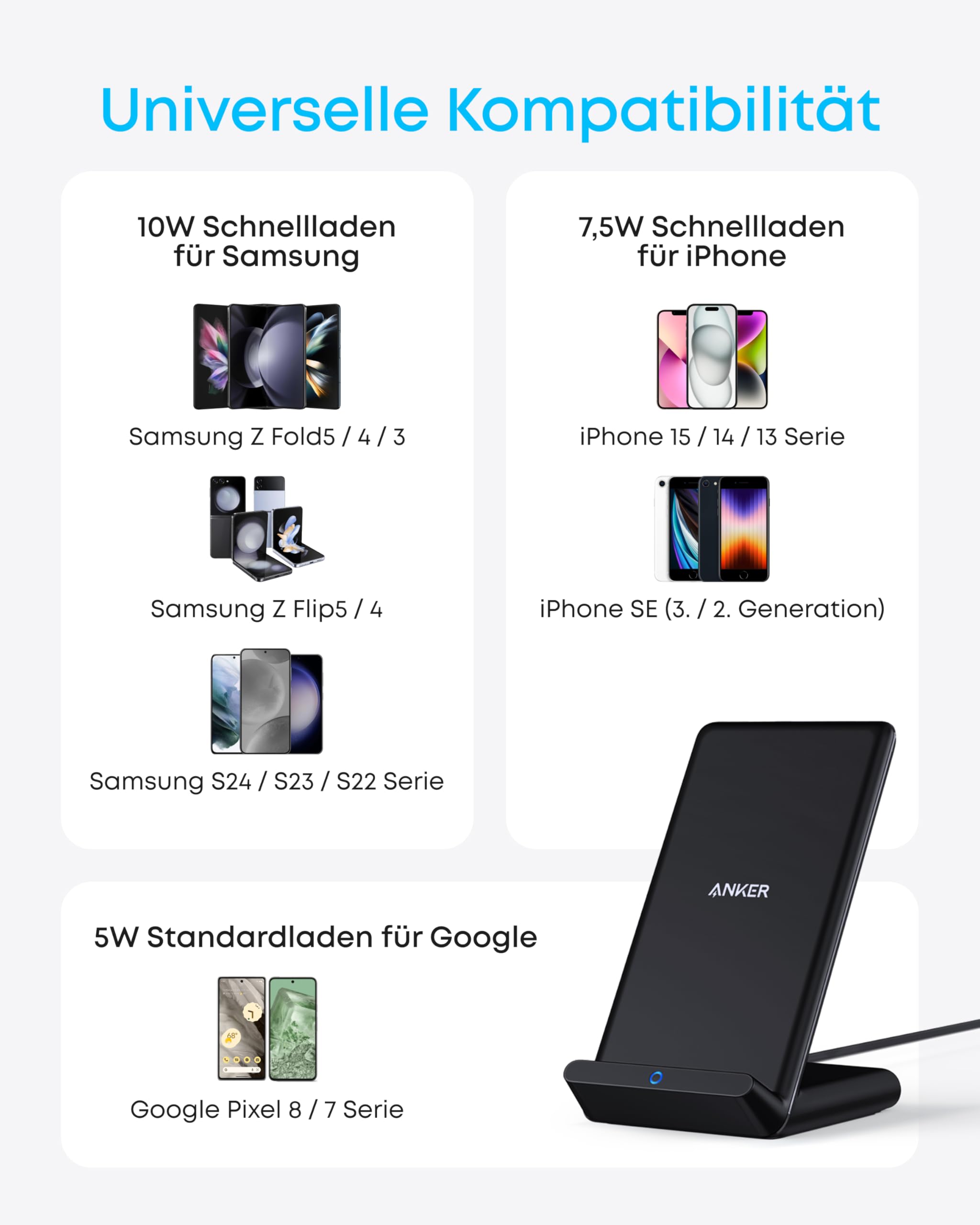 Anker 313 Induktive Ladestation, Qi-Zertifiziert, Für iPhone 17/17 Pro/17 Pro Max/16/15/14/13, 10W Schnellladen für Galaxy S24 S23 S22 (Ohne Netzteil) 3
