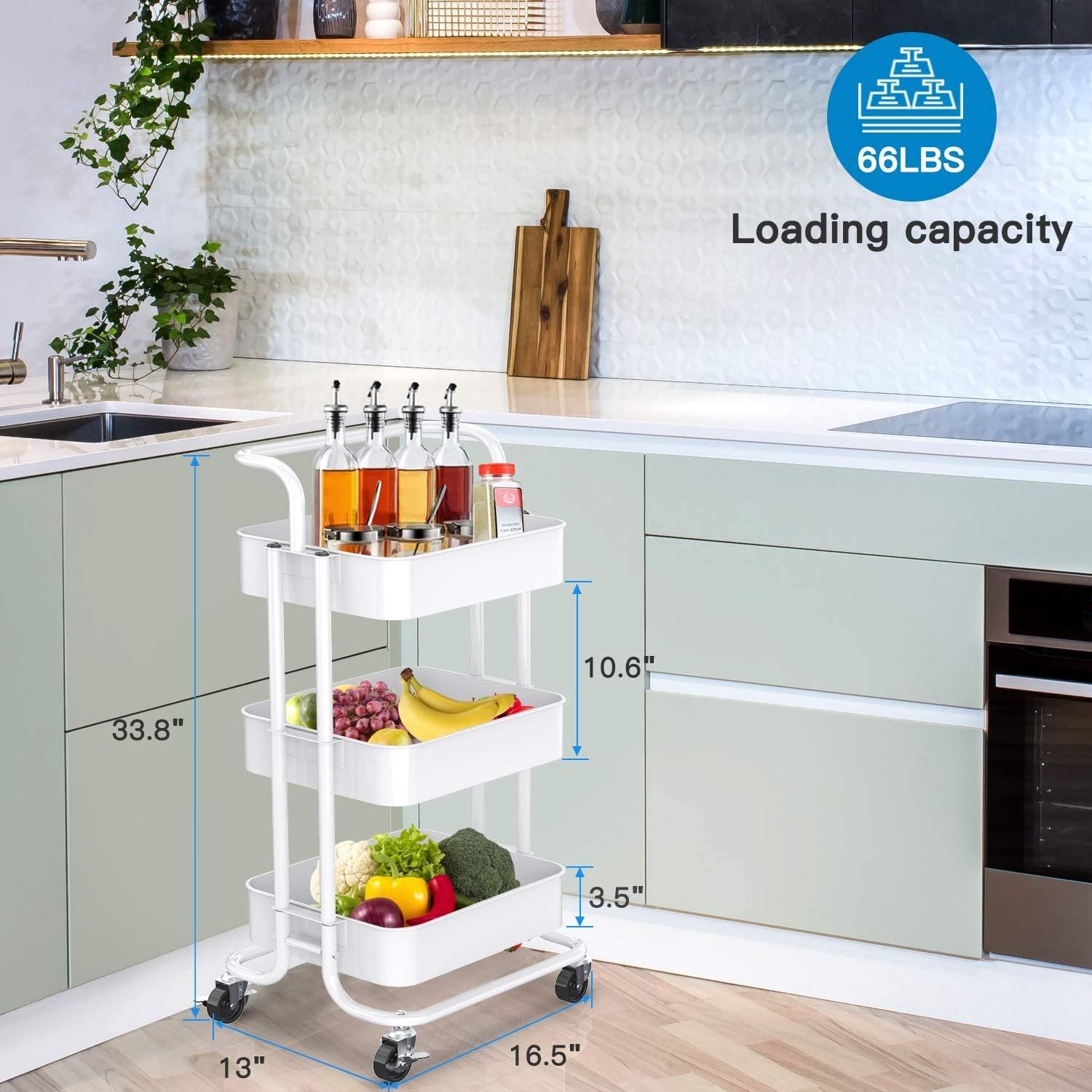 Pipishell 3-Tier Rolling Utility Cart, Multifunctional Metal Organization Storage Cart with 2 Lockable Wheels for Office, Home, Kitchen, Bedroom, Bathroom, Laundry Room (White): Home & Kitchen