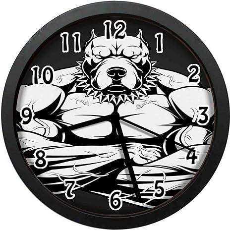 Amazon Co Jp 大きな上腕二頭筋ボディービルダー動物のキャラクターとの強いピットブルのイラスト寝室 居間 事務所などの壁掛け時計 直径24 7cm ホーム キッチン
