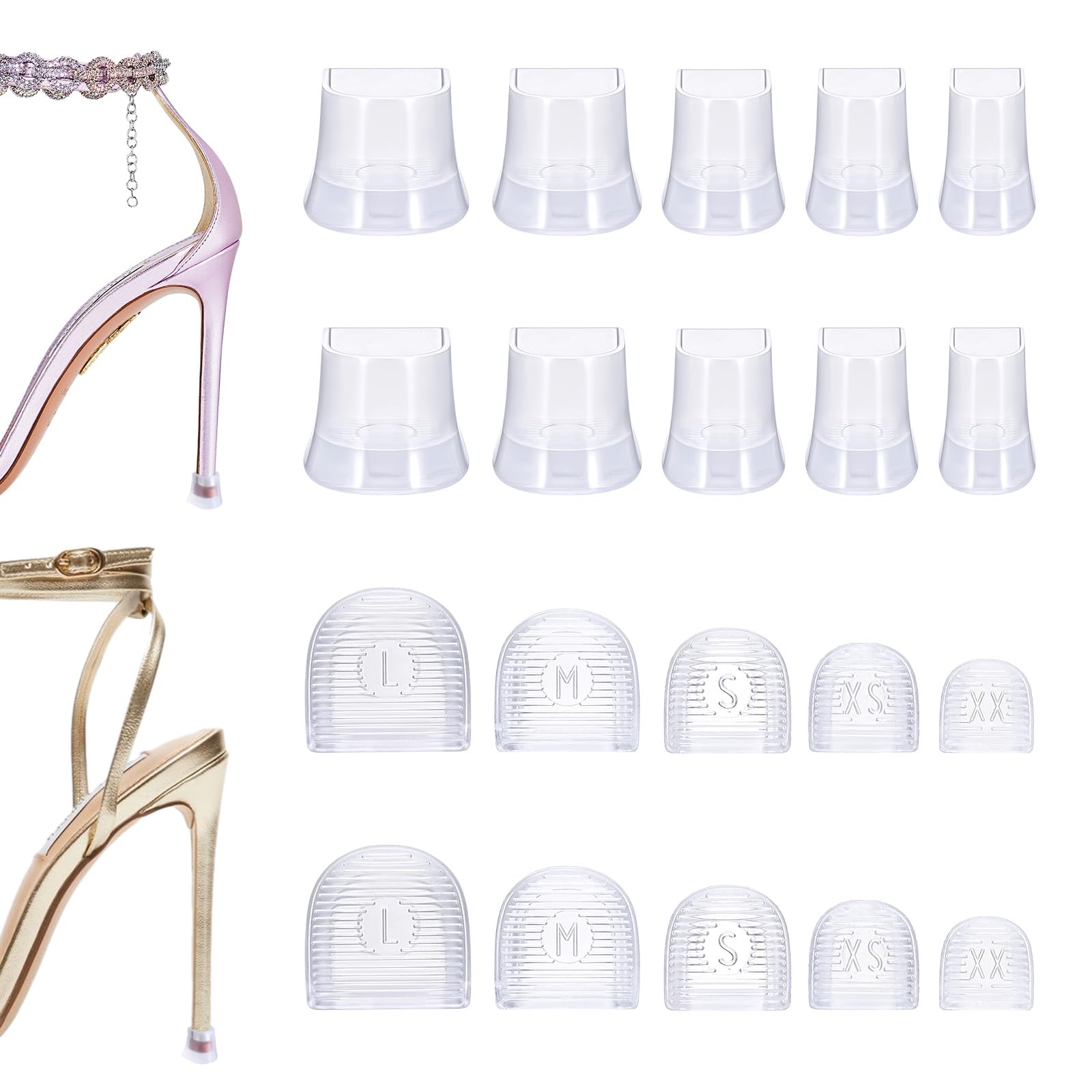 Photo 1 of 10 Pairs of Stiletto Heel Cap Protectors, 4 Sizes Universal Heel Caps Anti-slip Noise Reduction Heel Covers Suitable for Weddings, Grass, Gravel Roads, Outdoor Activities (U Type-Transparent)