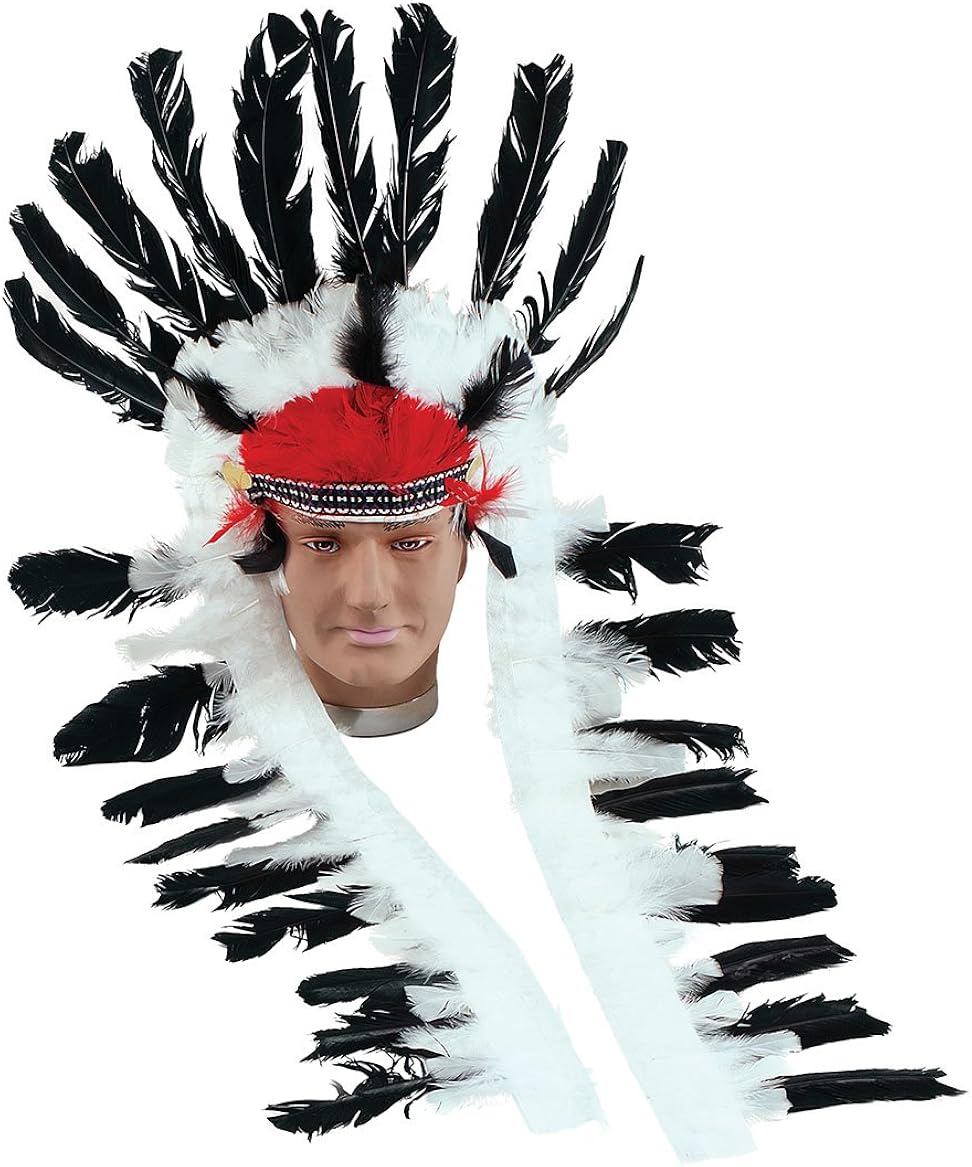 Indianer Kopfschmuck Mit Federn - Schwarze & Weiße Hahnenfedern Für Karneval & Halloween