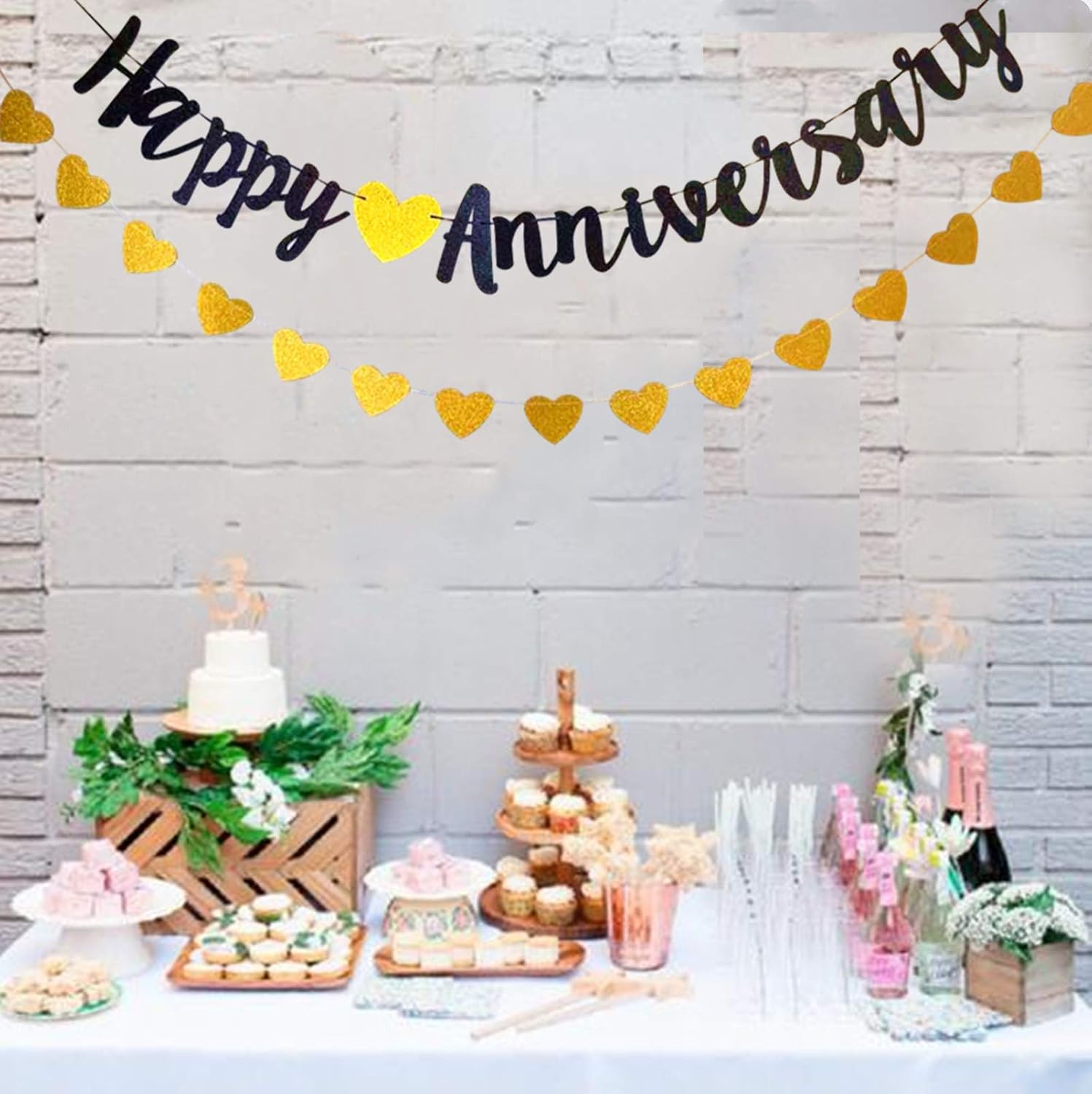Happy Anniversary Banner Gold and Black Glitter Banner with Gold Heart ...