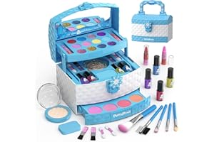 PERRYHOME Kids Makeup Kit for Girl 35 Pcs Washable Real Cosmetic, Safe & Non-Toxic Little Girl Makeup Set, Frozen Makeup Set for 3-12 Year Old Kids Toddler Girl Toys Christmas & Birthday Gift (Blue)