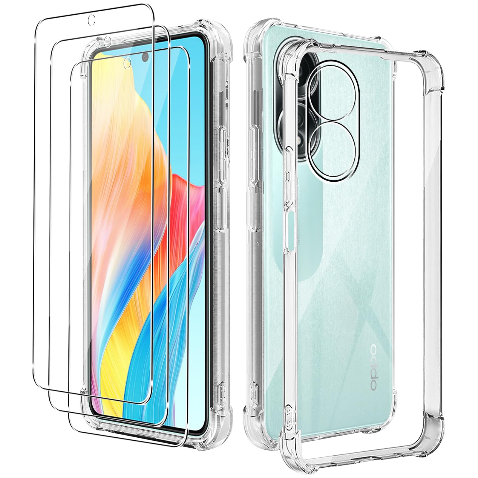 KZIOACSH Clear Case for OPPO A58 4G, [Corner Protection] Flexible Ultra Slim Protective Shell Transparent TPU Lightweight Shockproof Rugged Bumper Cover with 3 Tempered Glass Screen Protector