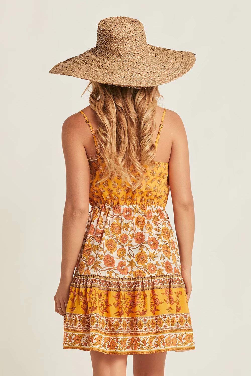 OBERORA Summer Dress for Women Casual Spaghetti Strap Floral Backless Button Up Bohemian Dresses for Women Short