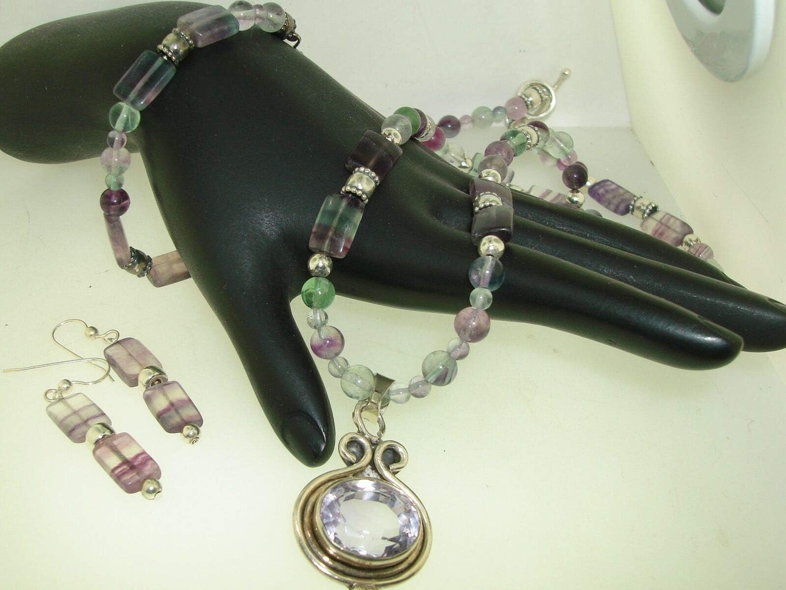 Beautiful Sterling Rainbow Banded FLORITE & Amethyst Necklace, Bracelet EARR Set SI-1015