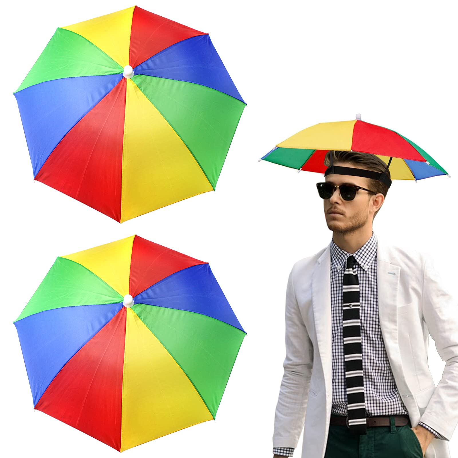 Milaosk 2 Pcs Head Umbrella Hats Rainbow Mini Umbrella Caps Outdoor Sun Rain Protection with Elastic Bands for Kids and Adults (Diameter: 51cm)