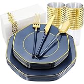 KIRE 140Pcs Blue Plastic Plates with Gold Rim - Gold Disposable Plastic Silverware with Blue Handle&Clear Cups&Hand Napkin - Geometric Party Plates for Hanukkah/Holiday/Party