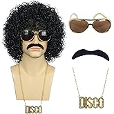 karlery Men Short Curly Black Wig with Mustache Golden Necklace Glasses 70s 80s Disco Afro Rocker Wig Fluffy Breathable for Cosplay Event Costume Halloween Party Wig