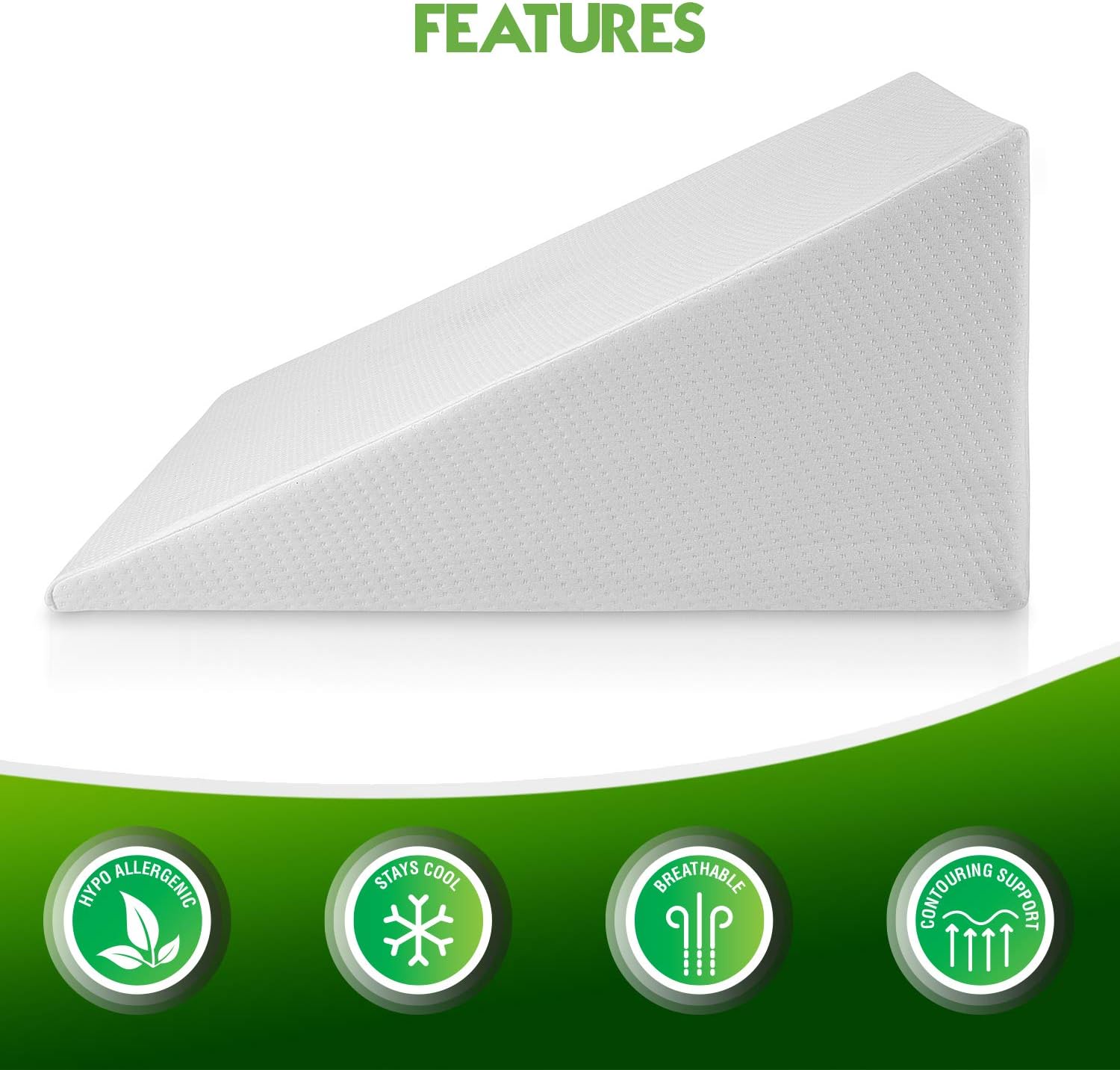 Bed Wedge Pillow with Memory Foam Top - Reduce Neck and Back Pain, Snoring, Acid Reflux and Respiratory Problems - Ideal for Sleeping, Reading, Rest or Elevation - Breathable and Washable Cover - 12in: Home & Kitchen