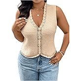 SHENHE Women's Plus Size Button Up Sweater Vest V Neck Sleeveless Crochet Knit Top Vest