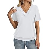 TCITICMISS Womens Short Sleeve Tops Banded Bottom V Neck Summer T Shirt Casual Basic Tees