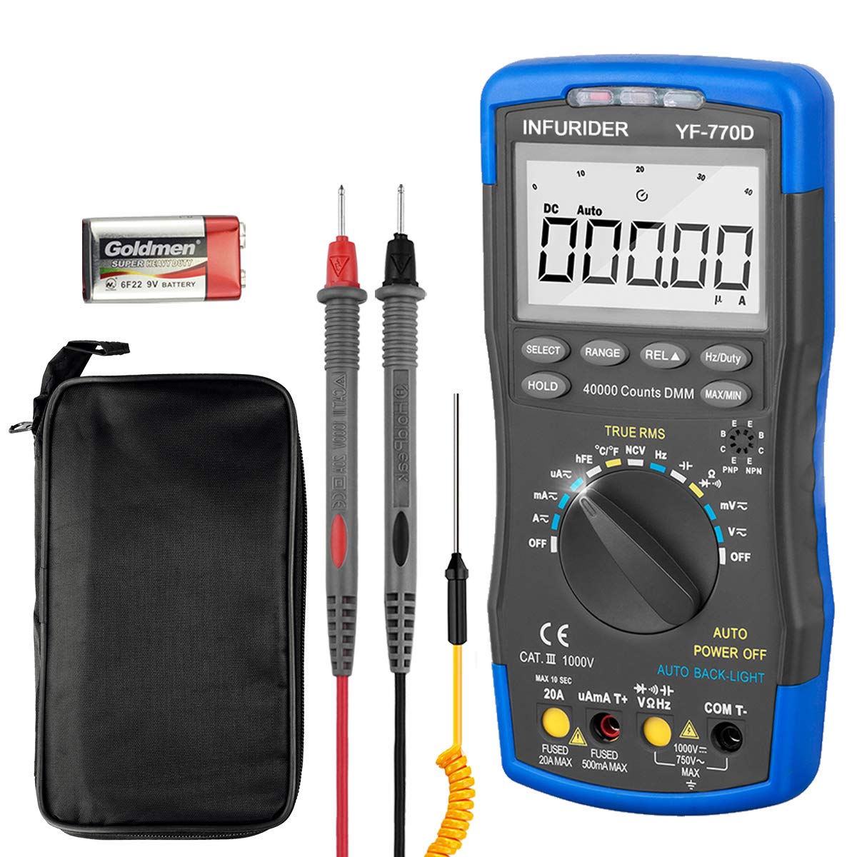 Digital Multimeter,INFURIDER YF-770D Auto-Ranging 40000 Counts Electrical Tester for DC/AC Voltage and Current,Resistance,Capacitance,Temperature with Auto Backlight