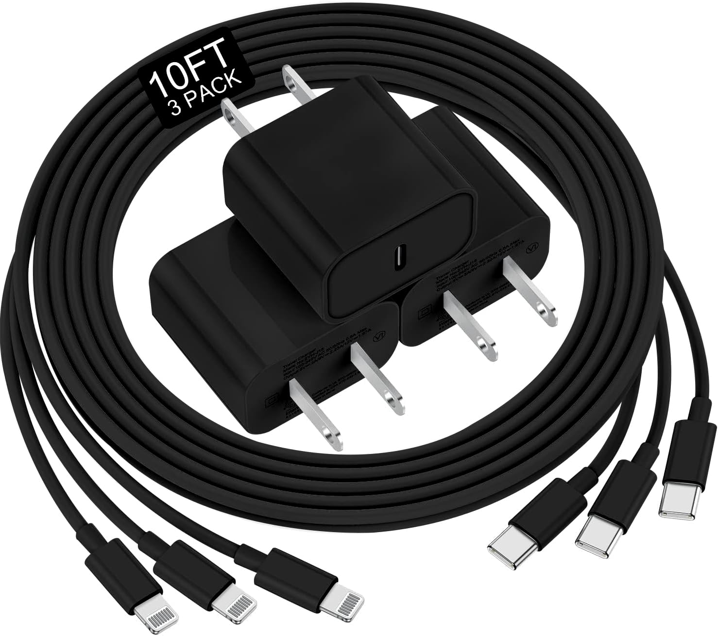 Phone Charger Fast Charging 10 FT, Long USB C to Lighting Cable 10 Foot with 20W USB C Rapid Phone Charger Block, Compatible with iPhone 14 Pro/13Pro Max/12/11Pro/Mini, 3 Pack -Black