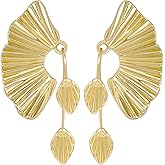 ChomelKevin 14K Gold Plated Chunky Dangle Earrings for Women Hypoallergenic Swaying Leaf & Fan Shell Design Fashion Statement Jewelry