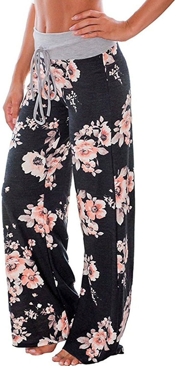 AMiERY Women's Comfy Casual Pajama Pants Floral Print Drawstring Palazzo Lounge Pants Wide Leg at  Women’s Clothing store