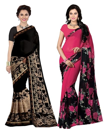 Combo of 2 Black & Pink Poly Georgette Printed Womens Saree/Sari