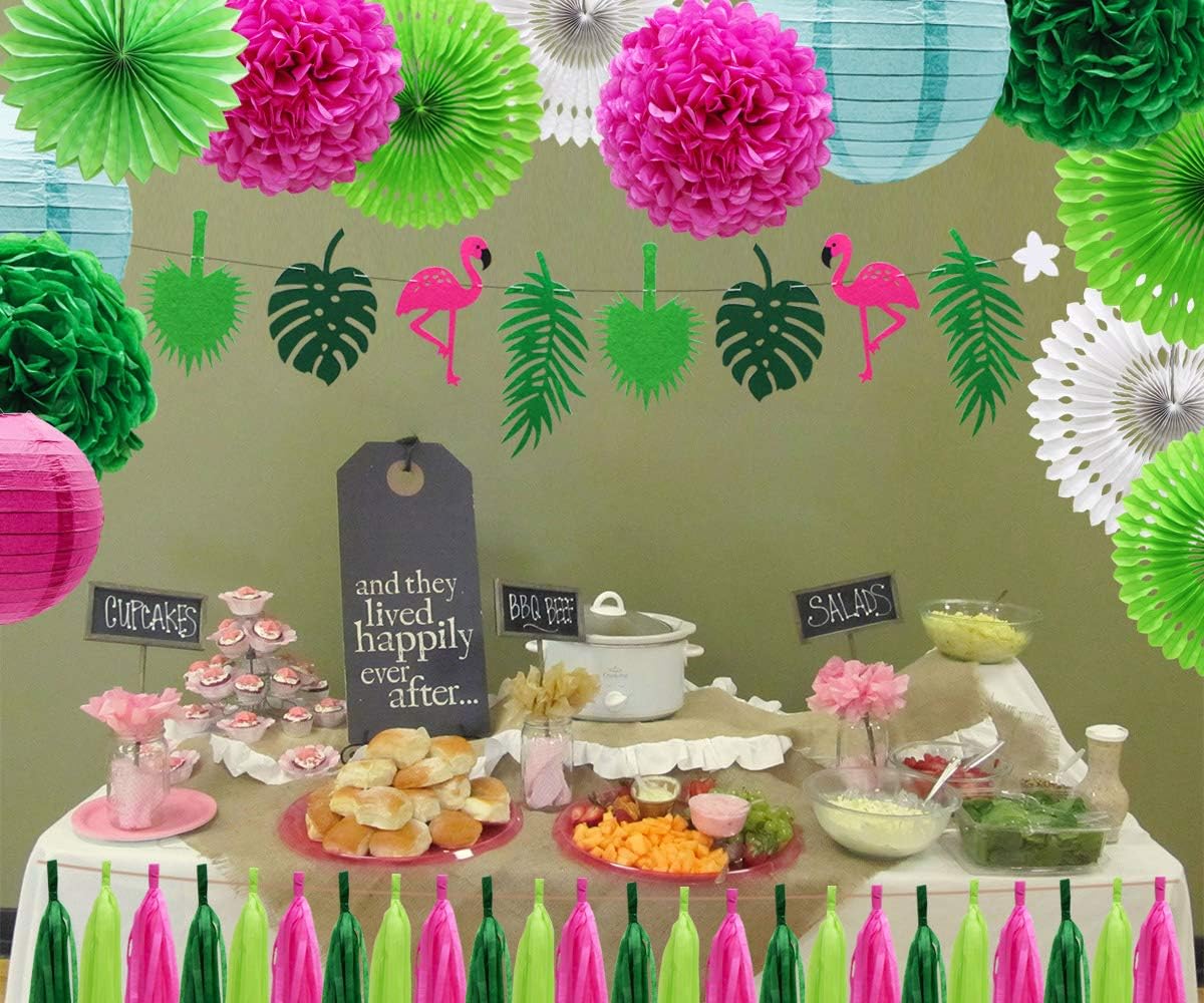 ADLKGG Tropical Flamingo Palm Leaf Banner Party Decorations, Hanging Paper Fans Paper Lanterns Pom Poms Flowers Tissue Tassels for Birthday Baby Shower Summer Hawaiian Party Bachelorette: Arts, Crafts & Sewing