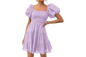 ZESICA Women's 2024 Boho Summer Square Neck Puff Sleeve Off Shoulder Smocked Tiered Casual A Line Short Mini Dress