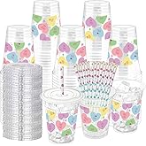 50 Sets Valentine's Day Plastic Party Cups with Lids and Paper Straws , 12oz Disposable Cups Colorful Heart Printed Clear Drinking Cups for Valentine's, Celebrations, Wedding, Birthday Party Supplies