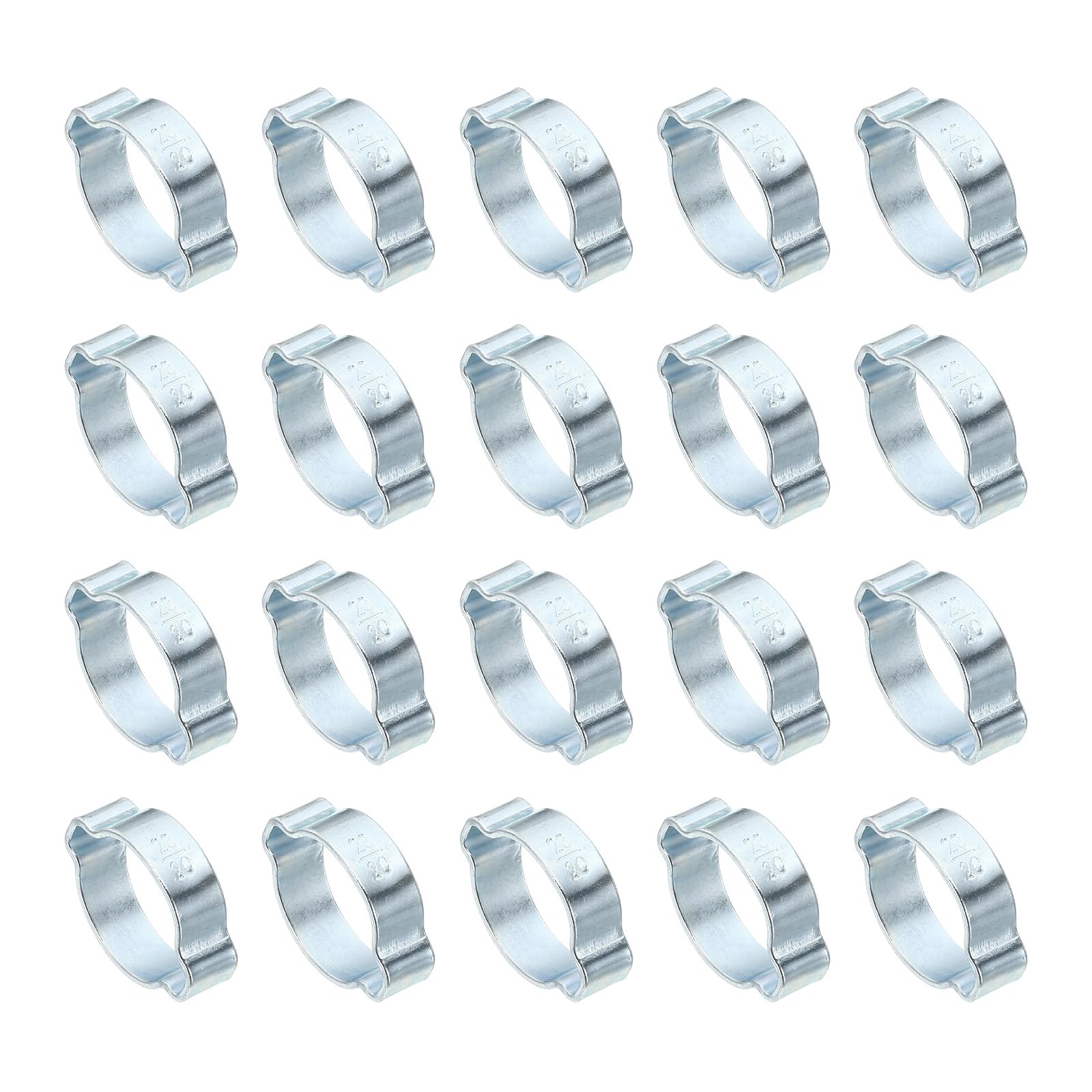 PATIKIL 20 Pack 20-23mm Double Ear Hose Clamp, Galvanized Steel O Clip Crimp Rings for Fuel Petrol Pipe Tube Fitting Connections, Silver Tone